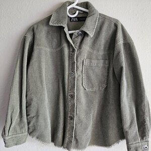 Zara Olive Military Green Corduroy Raw Hem Oversized Shacket Utility Jacket